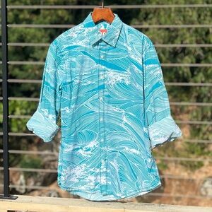 Tori Richard long sleeve shirt, wavelength print, teal, 56 resort collection.